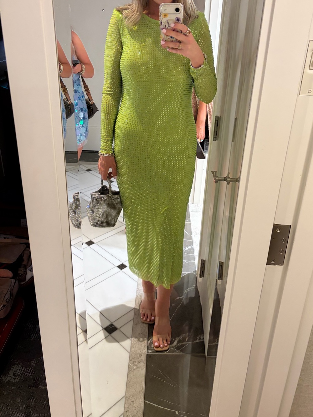Self-Portrait Lime Green Long-Sleeve Beaded Midi Dress